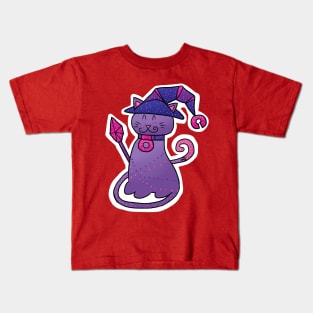 PURRple DnD Cat Wizard with Hat, Staff and Spots Kids T-Shirt